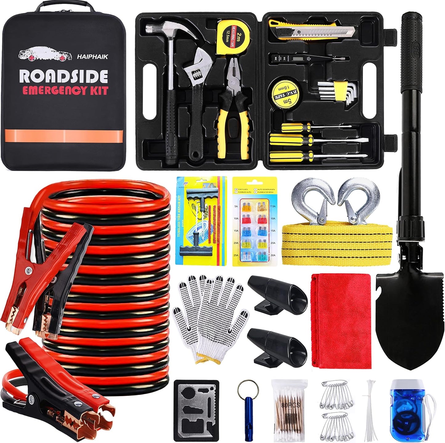 HAIPHAIK Car Emergency Kit with 11.8ft Jumper Cables, Roadside Safety Kit | Emergency Roadside Kit for Car Tow Strap, Folding Shovel, Emergency Tools Box, Breakdowns Travel for Women Men