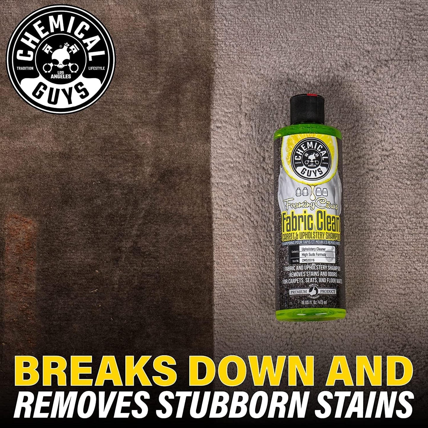 Chemical Guys CWS2031602 Foaming Citrus Fabric Clean Carpet & Upholstery Shampoo & Odor Eliminator (Car Carpets, Seats & Floor Mats), Safe for Cars, Home, Office, & More , 16 fl oz, 2 Pack