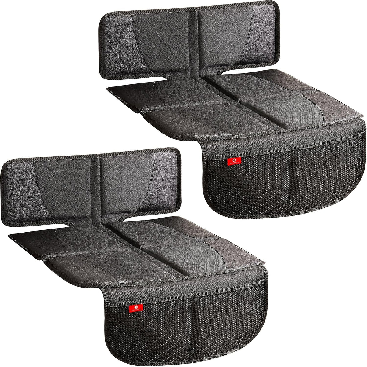 Helteko Car Seat Protector, 2 Pack Seat Protection Mat with Thick Padding, Durable Waterproof Fabric, Leather Reinforced Corners and Mesh Pockets