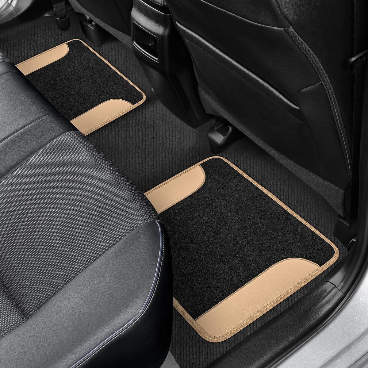 BDK Carpet Floor Mats for Cars, Two-Tone Carpet Car Mat with Faux Leather Accents, Automotive Floor Mat Sets with Built-in Heel Pad, Stylish Interior Car Accessories Beige