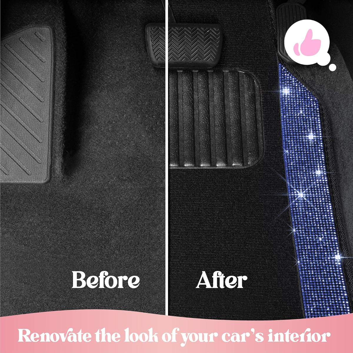 Carbella Diamond Bling Car Mats 4-Piece Set, Shiny Rhinestone Crystal Carpet Car Floor Mats, Two-Tone Floor Mats for Cars, Cute Automotive Interior Car Accessories for Women (Blue)