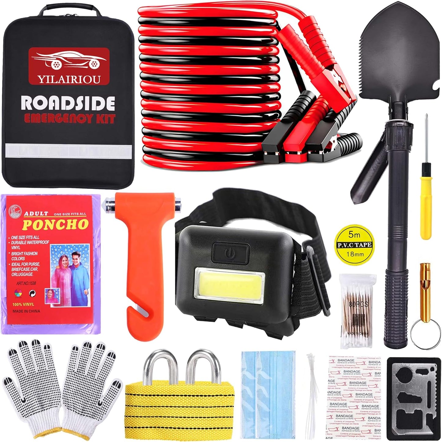 Roadside Emergency Car Kit,with Jumper Cables Roadside Kit Car Safety Kits | Emergency Car Kit Tow Straps,Headlamp, Safety Hammers, Gloves, Auto Emergency Kits Vehicles Gifts for New Drivers