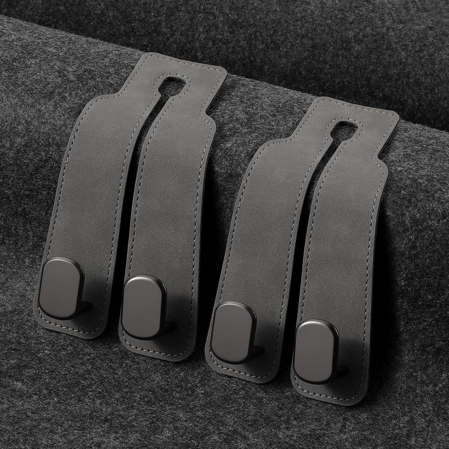 KINIVA Car Seat Headrest Storage Hooks, Set of 2, Suede PU Leather, Double Hooks (Black-4 Pack)