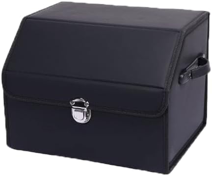 Leather Storage Box Car Trunk Organizer for Trunk SUV Sedan, Leather Foldable Storage Box with Lid (Black 14.9" L*12.2" W*11.8" H)