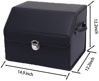 Leather Storage Box Car Trunk Organizer for Trunk SUV Sedan, Leather Foldable Storage Box with Lid (Black 14.9" L*12.2" W*11.8" H)