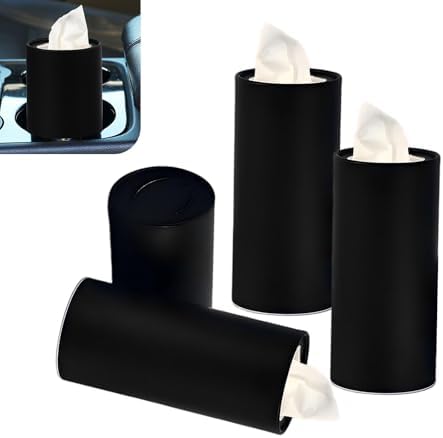 4 PCS Car Tissue Holder, Car Cup Holder Convenient Travel Tissue Tube, Refillable Auto Cup Holder Round Napkin Container with 120 Sheets Facial Tissues, Universal for Most Cars (Black)