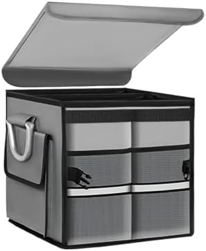 Car Trunk Organizer With Lid, 28L Collapsible Waterproof Oxford Fabric Trunk Organizer with Aluminum Handle, Portable 2-Compartment Cargo Storage Box for SUV, Truck, Sedan (Gray)