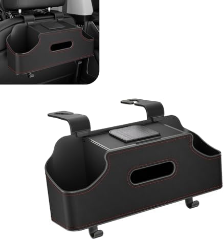 1 PC Car Seat Back Organizer, Car Back Seat Multi-Function Storage Box with 2 Drink Cup Holders, 11.42" x 3.35" Leather Tissue Organizer, Universal for Most Cars, Trucks, SUVs (Black)