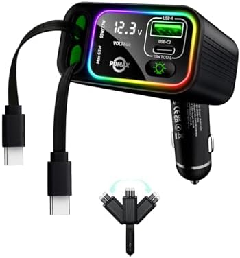 Retractable Car Charger USB C, 145W Max, Dual Cables, Voltage Display & LED