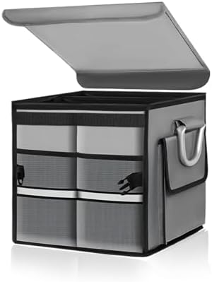 Trunk Organizer with Lid, 28L Collapsible Cargo Organizer with Aluminum Handles & Reflective Strip, Multi-Purpose Waterproof Oxford Storage Box for Cars Trucks SUVs Minivans (Gray)