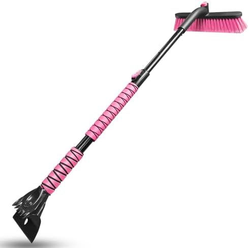 HEEYA 44 Inch Snow Brush for SUV, Ice Scraper for Car Windshield Window, Extendable Snow Scraper and Brush with Comfortable Foam Grip for Truck Vehicle Automobile - Pink