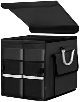 Trunk Organizer with Lid, 28L Collapsible Car Storage Organizer with Aluminum Handles & Reflective Strip, Waterproof Oxford 2-Compartment Cargo Storage Box for Sedan SUV Truck (Black)