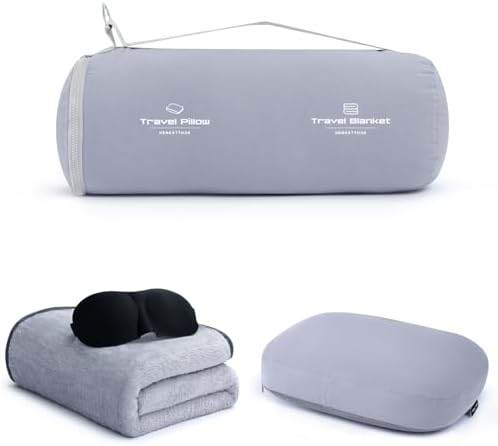 urnexttour 4-in-1 Travel Pillow & Blanket Set with Eye Mask, Memory Foam Neck Support, 50x65 Inch Blanket, Storage Bag for Airplane, Car, Train, Home Travel Grey