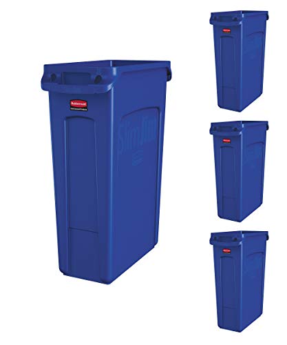 Rubbermaid Commercial Products Slim Jim Trash/Garbage Can with Venting Channels, 23-Gallon, Blue, for Kitchen/Office/Workspace, Pack of 4