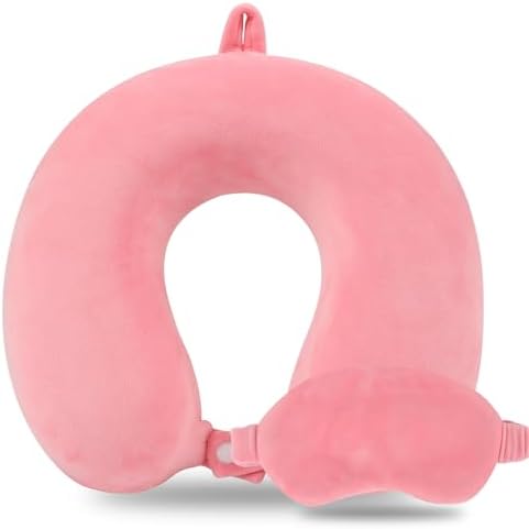 Pure Memory Foam Travel Pillow Set for Adults - Comfortable & Removable Machine Washable Cover, Neck Support Pillow Airplane Travel Kit with Eye Mask for Portable Plane Accessories - Peach Pink