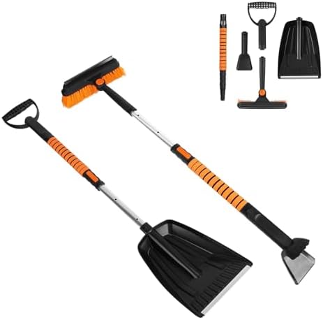 Ice Scraper and Snow Brush for Car, 5-in-1 Extendable Snow Removal Tool with Ergonomic Foam Grip, Detachable 180° Pivoting Brush Ice Shovel for Car Truck SUV Windshield