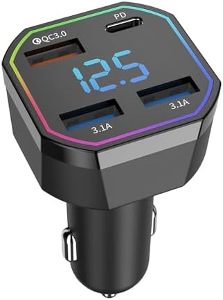65W USB C Car Charger Adapter 4 Port Fast Charging with QC3.0 & PD2.0, Digital Display, Compatible with iPhone 16–8, Galaxy S25–S8, iPad, Pixel