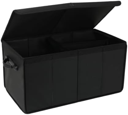 AOKJOY Car Trunk Organizer with Lid, Large, Black, Leather, Foldable, for SUV, Truck, Sedan, 24x12x14 Inches, 3 Compartments