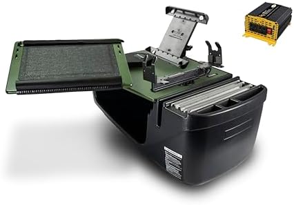 AutoExec Reach Car Desk for Your Vehicle Workstation and Mobile Office, Front Seat Army Green with 400 watt Power Inverter, Printer Stand and Tablet Mount