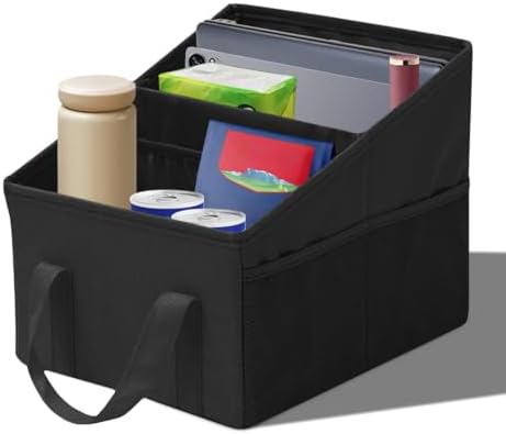 Craedli Car Seat Organizer, Collapsible Trunk Organizer Backseat Car Storage Box with 2 Compartments and Multiple Pockets, Passenger Seat Organizer with Handles for Front/Back Consoles (Black)