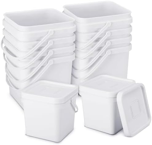 Suzile 2.2 Gallon Square Bucket with Lid Food Grade Plastic Bucket 10L Utility Industrial Pail with Handle Container for Food Oil Tub Water Fishing Paint House Cleaning Car Washing(White,10pcs)