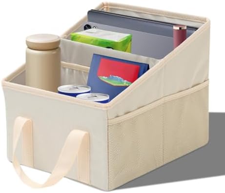 Craedli Car Seat Organizer, Collapsible Trunk Organizer Backseat Car Storage Box with 2 Compartments and Multiple Pockets, Passenger Seat Organizer with Handles for Front/Back Consoles (Beige)
