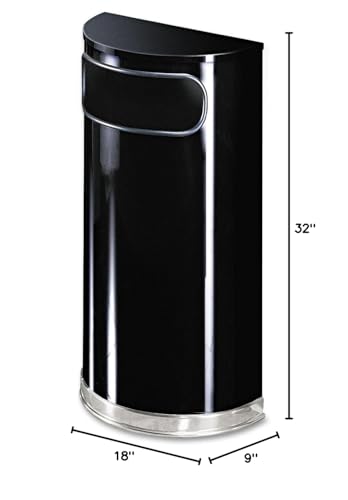 Rubbermaid Commercial Products European & Metallic Series Receptacle Half-Round Trash Can, 9-Gallon, Black/Chrome, Side Opening Indoor/Outdoor Waste Container for Lobby/Office/School/Restaurant