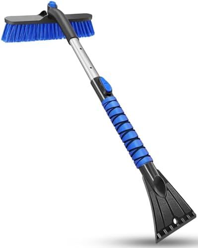 Ice Scraper Brush for Car Windshield Window, 26'' to 33'' Aluminum Extendable Snow Brush for Car Window with Foam Grip and 360° Pivoting, Soft Broom Head for Car Vehicle Accessories