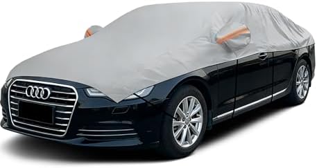 Half Car Cover for Sedan M, Winter Windshield & Roof Snow Cover with Cotton Liner, Waterproof Half Top Cover Protects from Snow, Ice, Frost, Sun and Dust, Fits Most Medium Size Sedans