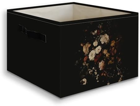 Moody Floral Decor Basket Foldable Storage Bins Box with Handles, Dark Academia Cottagecore Rustic Wildflower Botanical Organizer Basket for Bedroom Bathroom Kids Room Clothes Toys Books
