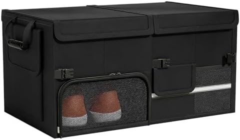 Foldable Car Trunk Organizer with Multi-Compartment – Expandable 30-60L Storage Bin, Side Mesh Pockets, Waterproof 600D Oxford Cloth, Car Accessories for SUV/Truck/Sedan, Black, 23.6"x13.0"x11.8"