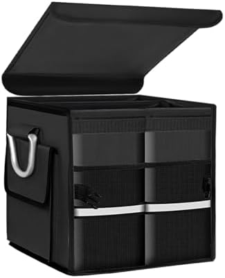 Trunk Organizer with Lid, 28L Collapsible 2-Compartment Car Storage Box with Reinforced Handles, Multipurpose Waterproof Oxford Storage Organizer for SUVs Sedans Trucks (Black)