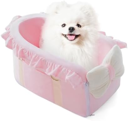 Jaoul Dog Car Seat for Small Dogs - Fully Detachable with Adjustable Straps Center Console Dog Booster Seat - Comfortable Bow Design Pet Car Seats - Portable Pet Booster Seat for Puppy, Cat (Pink)