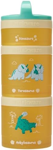 Whiskware Dinosaur Stackable Snack Containers for Babies, Kids, and Toddlers, 3 Stackable Snack Cups for School or Travel, Cupholder Friendly, Blue/Yellow
