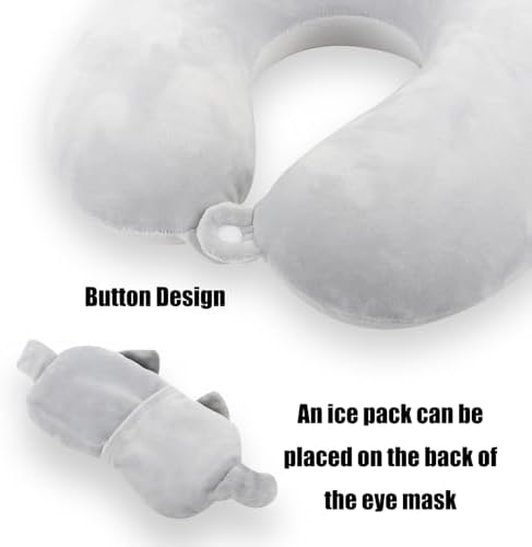 Kids Neck Pillow for Travel with Sleep Eye Mask, Cute Travel Neck Pillow, Memory Foam Flight Sleeping Headrest Pillow for Boys & Girls, Airplane, Train, Car, Home Use - Grey Cat