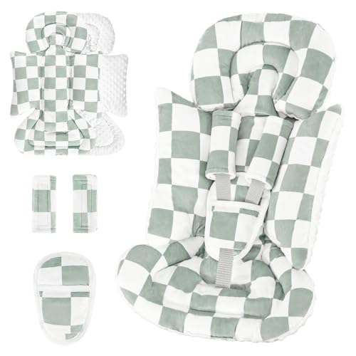 DILIMI Infant Car Seat Insert, Baby Car Seat Head Support with 3 Strap Paddings, Soft Newborn Car Seat Cushion for Stroller, Swing, Bouncers, Green Checkered