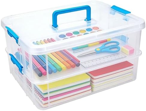 2 Tier 13" Blue Plastic Storage Box Lid Handle Craft Office Car Organizer | Stackable Multipurpose Container Box Organizer With Latching For Office, Art Craft,Sewing, Books And Car Trunk Storage,Blue