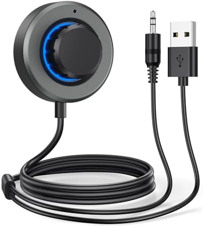 Wireless 6.0 Audio Receiver for Car, [CVC 8.0 Noise Cancelling] Auxiliary Wireless Adapter with Volume Control Knob & RGB Backlight, 3.5mm AUX Wireless Music Adapter for Hands-free Calls & Home Stereo