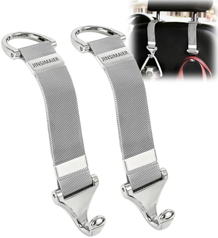 Car Seat Headrest Hooks and Purse Hook for Car 2 Pack Silver – Alloy Braided Chain Storage Hook for Purse, Handbag, Grocery Bags – Interior Organizing Car Accessories