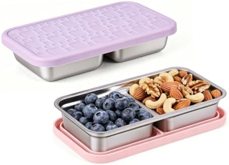2 Pack Reusable Stainless Steel Snack Containers, Metal Food Containers with Silicione Lids, Stackable Dual Compartment Lunch Box for School Lunch, Travel and Office