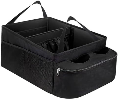 Car Passenger Seat Organizer, Collapsible Oxford Fabric Car Organizer with Partitions & 2 Cup Holders, Multi-Purpose Large Capacity Storage Box for Front & Back Seats