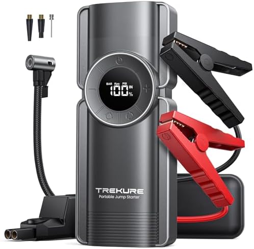 TREKURE Portable Car Jump Starter with Air Compressor, 150PSI 7000A Car Battery Jump Starter Battery Pack (9L Gas/8L Diesel), Safe Jumper Starter Portable Jump Box with Display, Emergency Light