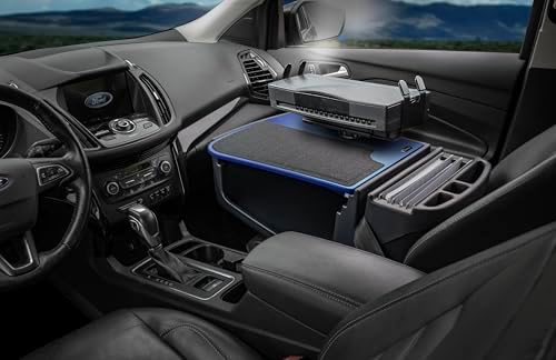 AutoExec Efficiency GripMaster Car Desk for Your Vehicle Workstation and Mobile Office, Blue, with Printer Stand