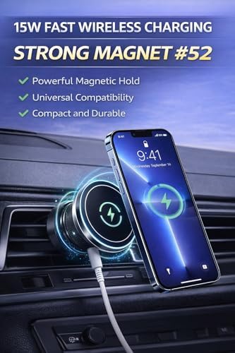 Magnetic Wireless Car Charger Mount for Air Vent, MagSafe Compatible, 15W Fast Charging, Strong Magnetic Phone Holder for iPhone 12–15 & Android