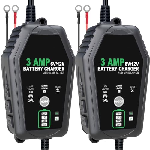 2 [Pack] 6V 12V Battery Charger Maintainer, 3-Amp Fully Automatic 6 Volt 12 Volt Lithium LiFepo4 Lead Acid Battery Trickle Charger Desulfator for Automotive,Boat,Motorcycle,Lawn Mower