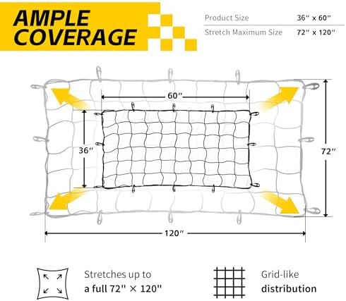 MaxxHaul Heavy-Duty Cargo Net – 3' x 5' Stretches to 6' x 10' – Wide 6" Mesh with 12 PP Hooks – Truck Bed, Trailer & Roof Rack Cargo Accessory