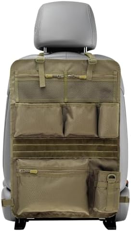 Backseat Car Organizer,Tactical Car Seat Back Organizer, Kick Mats Back Seat Protector with Three Zippered Storage pockets, Travel Accessories with 8 Storage Pockets And DIY zone (Sand Brown)
