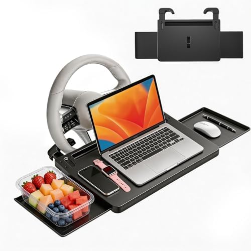 Extendable Steering Wheel Tray, Large Steering Wheel Desk with 2 Retractable Tray, Multipurpose Car Table for Laptop Eating & Working, Fits for Most Cars SUVs Trucks (Black)