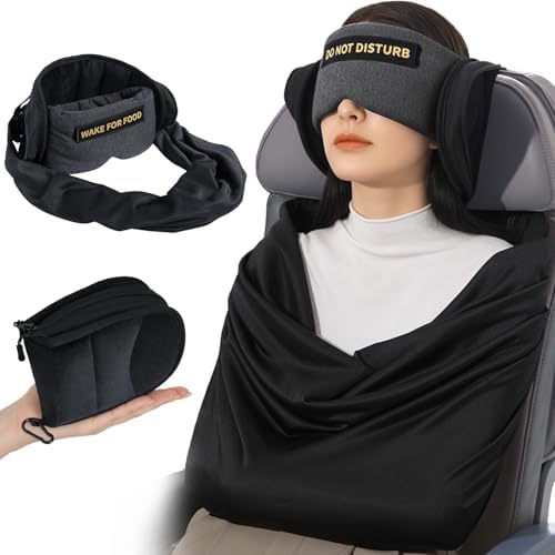 Travel Pillow and Blanket Set, Compact Airplane Pillow Bag with Eye Mask for Long Flights Sleeping, 360° Support Head Strap Travel Essentials for Plane Car Sleep Neck Upright, Stop Head Drop(Grey)