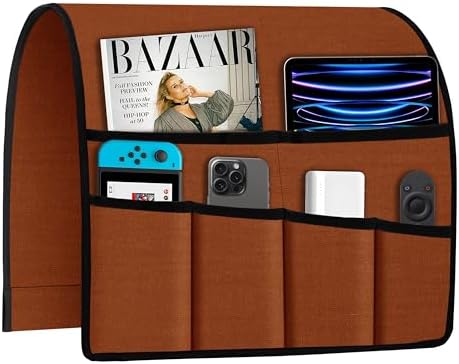 Joywell Linen Armchair Caddy Remote Control Holder for TV Recliner 6 Pocket Storage Organizer Sofa Armrest Caddie Magazine Phone iPad Storage Recliner Remote Holder for Snakes, Terracotta